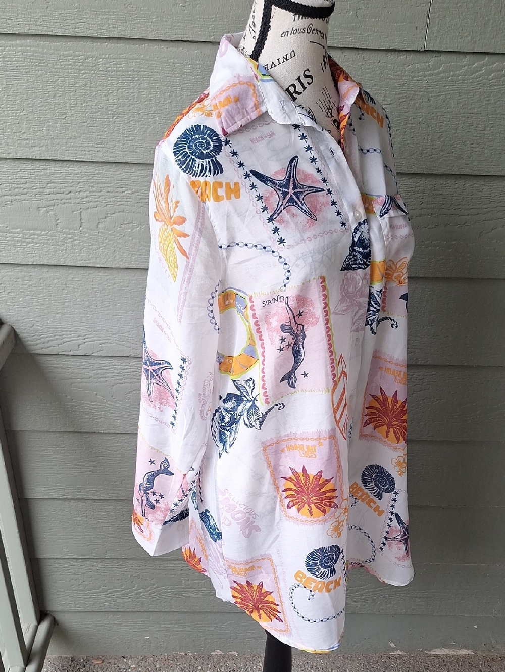 NWT Semi Sheer Nautical Mermaid Shell Print Buttondown Swimsuit Cover-up M